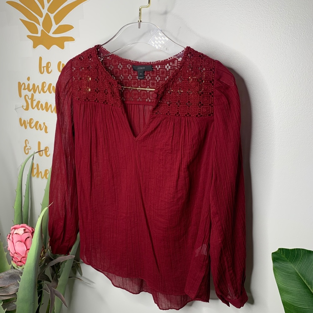 J.Crew Embroidered Gauze Top Tunic Burgundy Size 0 - Picture 2 of 8
